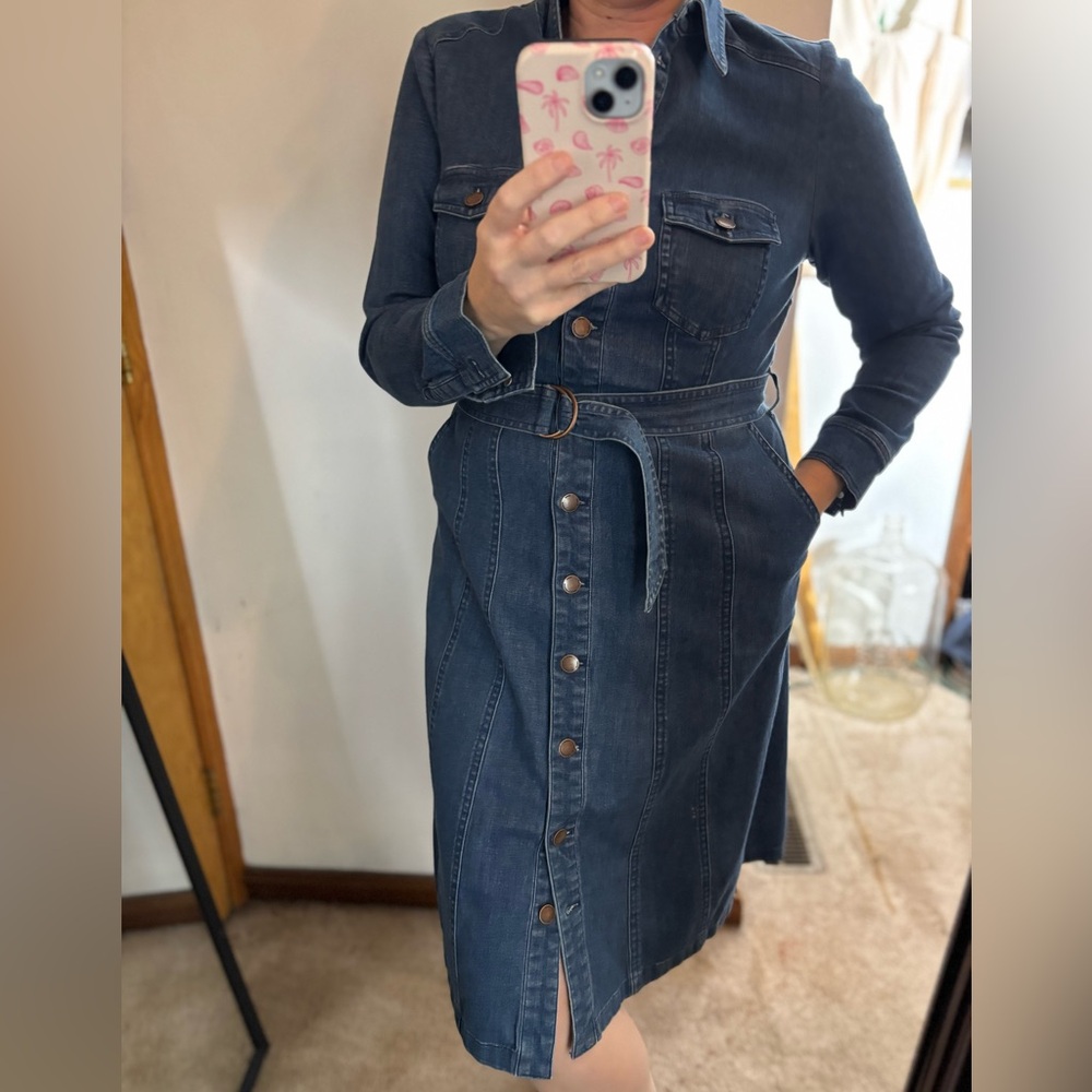 Boden Blue Denim Long Sleeve Belted  Dress - Picture 4 of 11